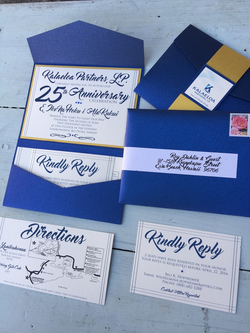 custom invites hawaii, JWL Events and Decor, blue and gold pocket fold invitation